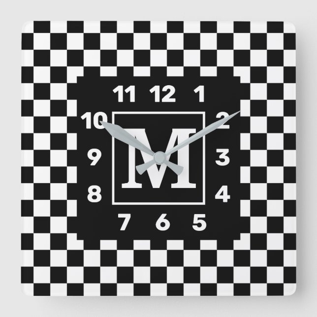 Monogrammed BW Checkered Square Wall Clock (Front)