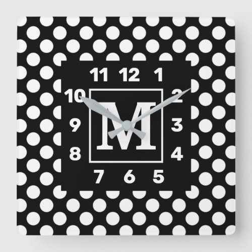 Monogrammed BW Polka Dot Square Wall Clock