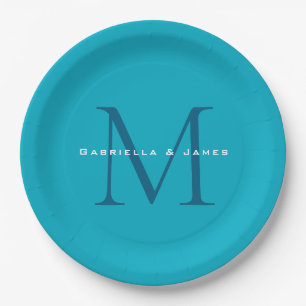Monogrammed Calligraphy Azure Blue Modern Plain Paper Plates