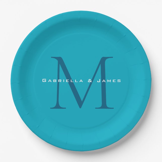 Monogrammed Calligraphy Azure Blue Modern Plain Paper Plates (Front)