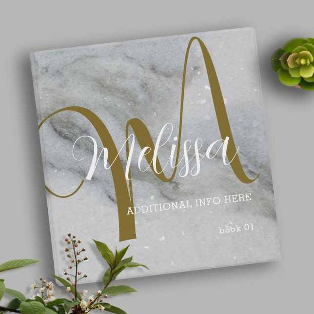 Monogrammed Calligraphy Name on Grayish Marble 3 Ring Binder (Creator Uploaded)