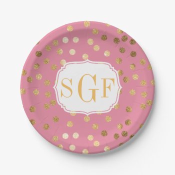 Monogrammed Candy Pink And Gold Glitter City Dots Paper Plates by HoundandPartridge at Zazzle