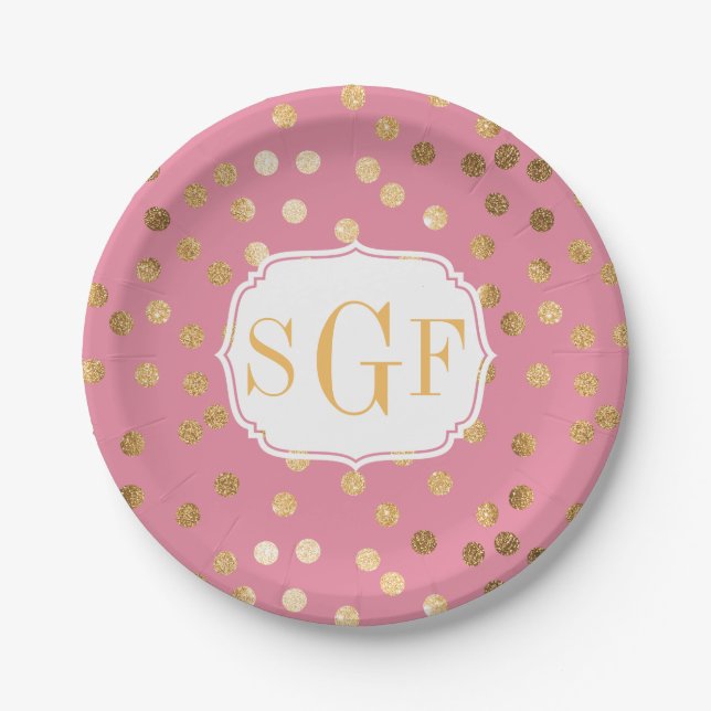 Monogrammed Candy Pink and Gold Glitter City Dots Paper Plates (Front)