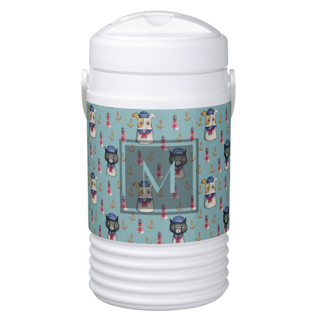 Monogrammed Cat and Dog Sailors Watercolor Pattern Cooler