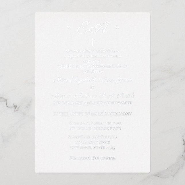 Monogrammed Catholic Wedding Foil Invitation (Front)