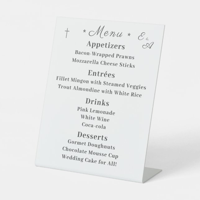 Monogrammed Catholic Wedding Menu Pedestal Sign (Front)