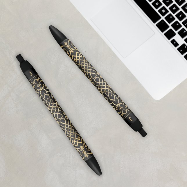 Monogrammed Celtic Pattern Black and Gold Pen (Elegant Celtic Pattern Black Gold Monogram Initial Pen
)