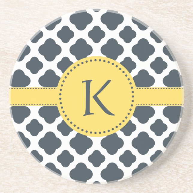 Monogrammed Charcoal and  White Quatrefoil Pattern Drink Coaster (Front)