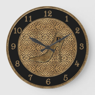 Monogrammed Cheetah Print and Stiletto Large Clock