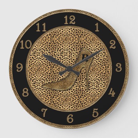 Monogrammed Cheetah Print And Stiletto Large Clock