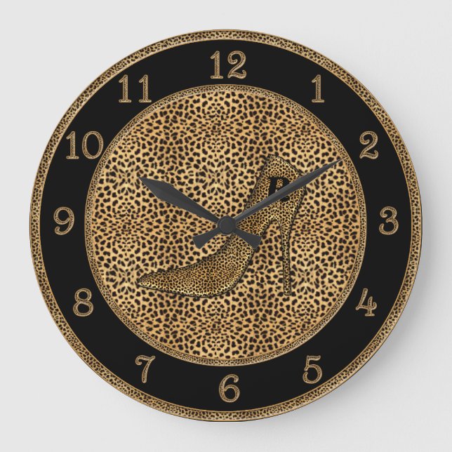 Monogrammed Cheetah Print and Stiletto Large Clock (Front)