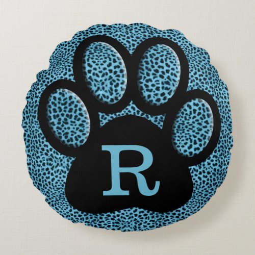 Monogrammed Cheetah Print in Blue with Cat Paw Round Pillow