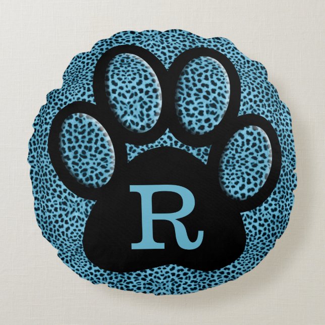 Monogrammed Cheetah Print in Blue with Cat Paw Round Pillow (Front)