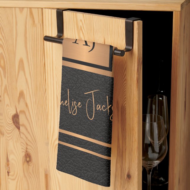 Monogrammed chef name personalized black gold kitchen towel (Thirds Fold)