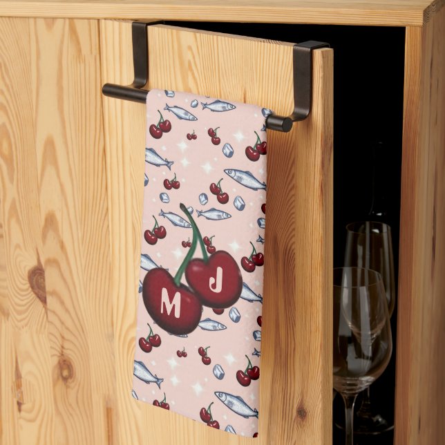 Monogrammed Cherries Sardines Pattern Kitchen Towel (Thirds Fold)