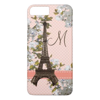Monogrammed Cherry Blossom Eiffel Tower Iphone 8 Plus/7 Plus Case by cutecases at Zazzle