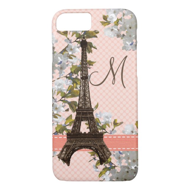 Monogrammed Cherry Blossom Eiffel Tower Case-Mate iPhone Case (Back)
