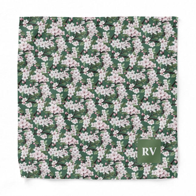 Monogrammed Cherry Blossoms Wedding Pocket Square Bandana (Front)
