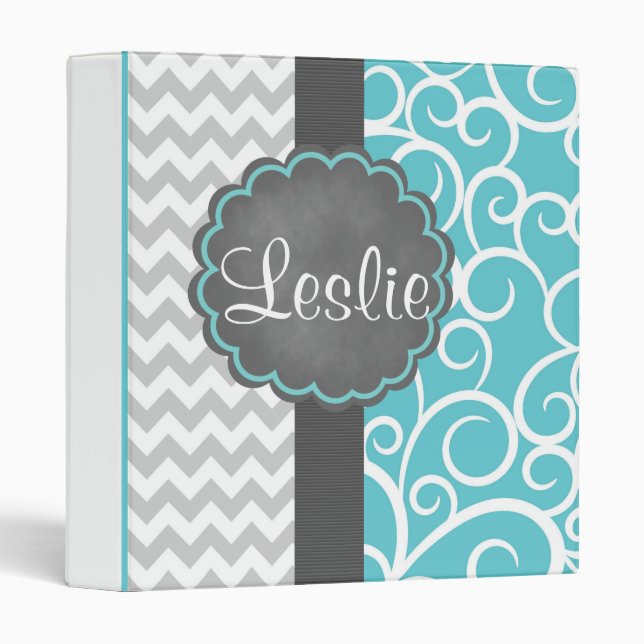 Monogrammed Chevron & Blue Swirls Binder (Front/Spine)