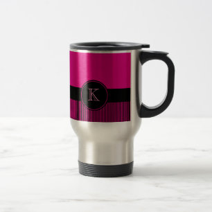 Monogrammed Chic Deep Pink Black Stripes Circle Travel Mug