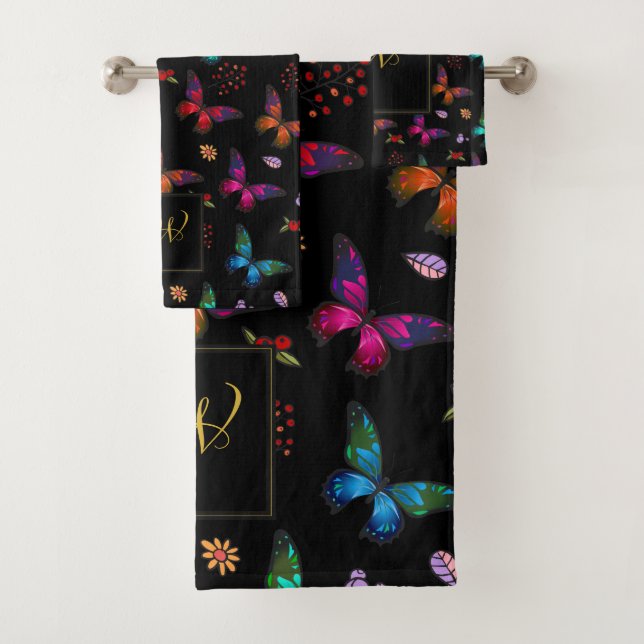 Monogrammed Chic Fancy Butterflies Pattern Bath Towel Set (Insitu)