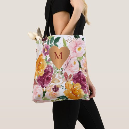 Monogrammed chic floral pattern  tote bag
