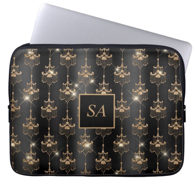 Monogrammed Chic Gold Sparkle Chandelier Black Laptop Sleeve (Front)
