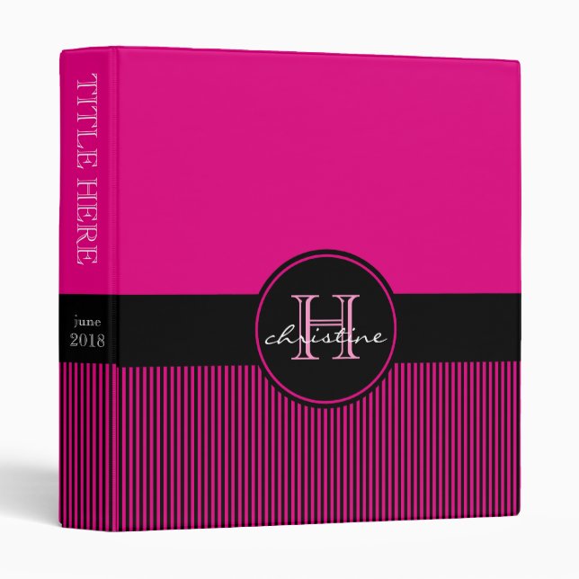 Monogrammed Chic Hot Pink Black Stripes Circle Binder (Front/Spine)