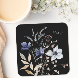 Monogrammed Chic Pretty Watercolor Blue Floral Square Paper Coaster