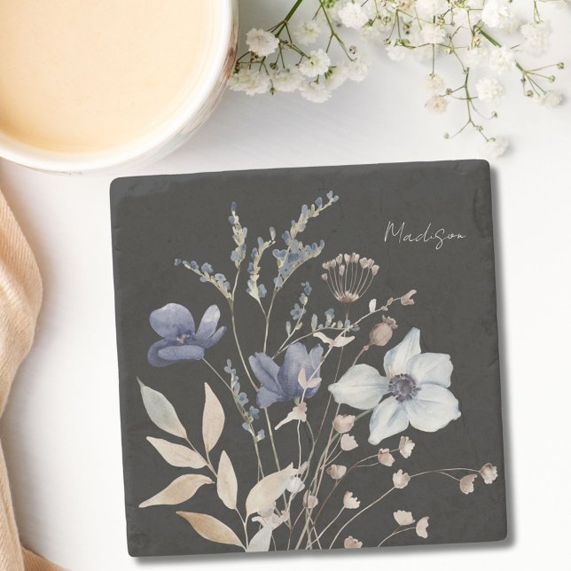 Monogrammed Chic Pretty Watercolor Blue Floral Stone Coaster (In situ)