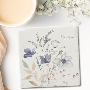Monogrammed Chic Pretty Watercolor Blue Floral Stone Coaster