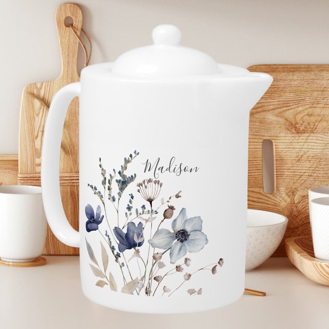 Monogrammed Chic Pretty Watercolor Blue Floral Teapot (In situ)