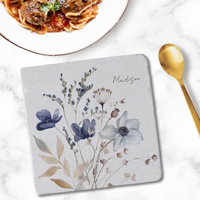 Monogrammed Chic Pretty Watercolor Blue Floral Trivet (In situ)