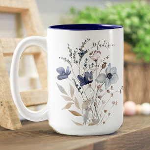 Monogrammed Chic Pretty Watercolor Blue Floral Two-Tone Coffee Mug