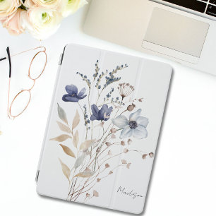 Monogrammed Chic Pretty Watercolor Blue Flower iPad Mini Cover