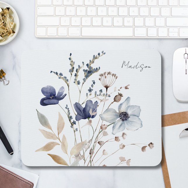 Monogrammed Chic Pretty Watercolor Blue Flower Mouse Pad (In situ)