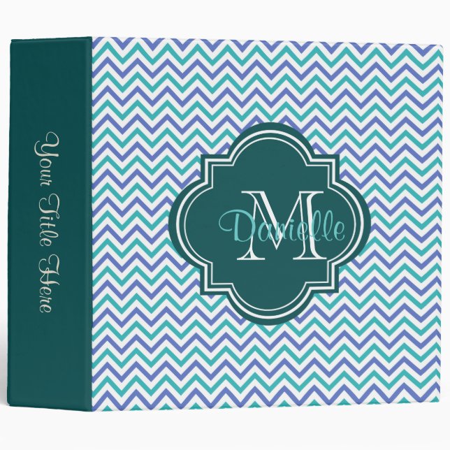 Monogrammed Chic Quatrefoil Chevron Teal Violet 3 Ring Binder (Front/Spine)