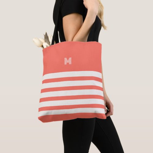 Monogrammed  Chic Stripes Coral Tote Bag