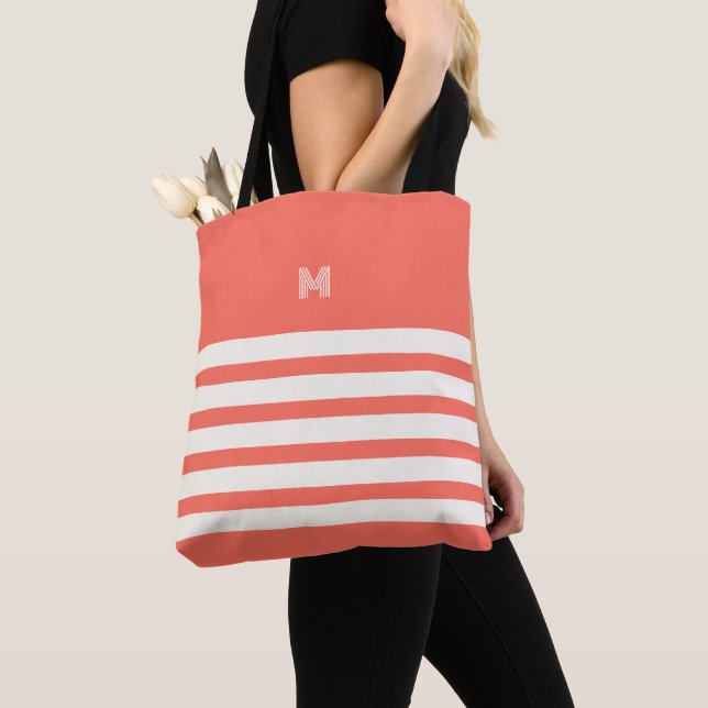 Monogrammed | Chic Stripes Coral Tote Bag (Close Up)