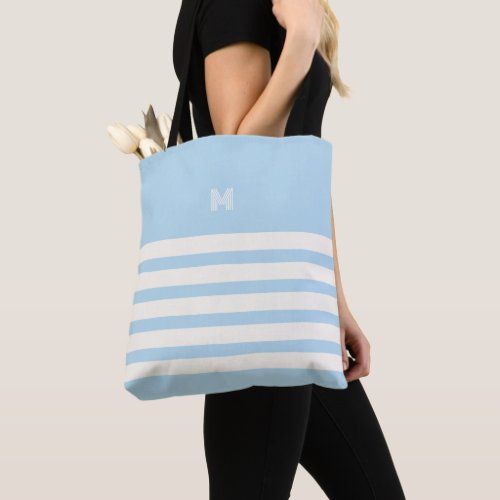 Monogrammed  Chic Stripes Ice Blue Tote Bag