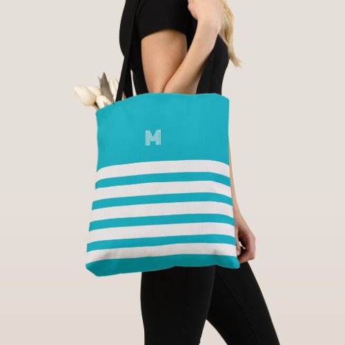 Monogrammed  Chic Stripes Turquoise Tote Bag