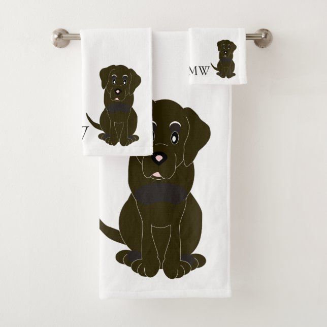 Monogrammed Chocolate Labrador Dog Design Bath Towel Set (Insitu)