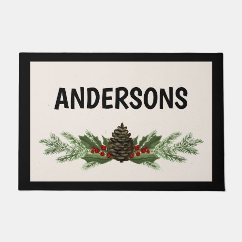 Monogrammed Christmas Doormat with Pine Greenery