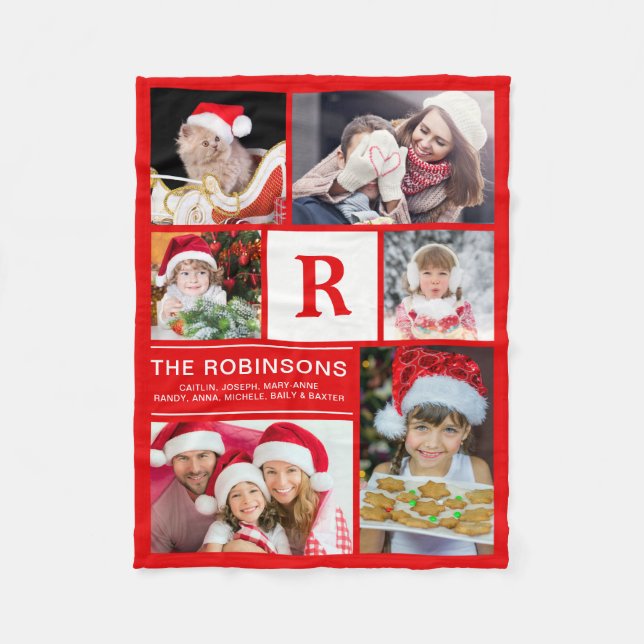 Monogrammed Christmas Family Photo Collage Fleece Blanket (Front)