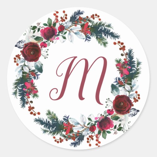 Monogrammed Christmas floral burgundy pine wreath Classic Round Sticker