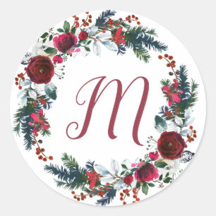 Monogrammed Christmas floral burgundy pine wreath Classic Round Sticker