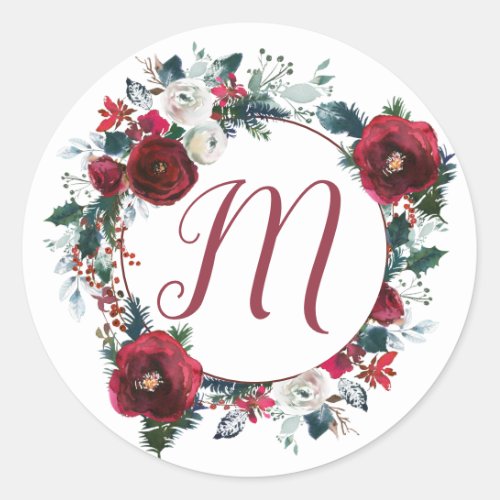 Monogrammed Christmas floral burgundy roses wreath Classic Round Sticker