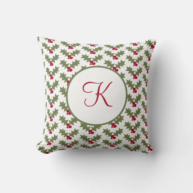 Monogrammed Christmas Holly Red Berry Green Leaves Throw Pillow (Front)