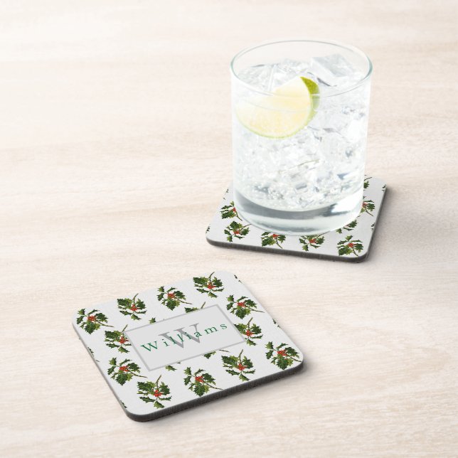 Monogrammed Christmas Holly Sprig  Beverage Coaster (Right Side)