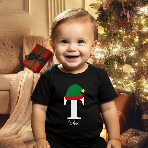 Monogrammed Christmas Name Shirt Elf Hat Family  Baby T_Shirt